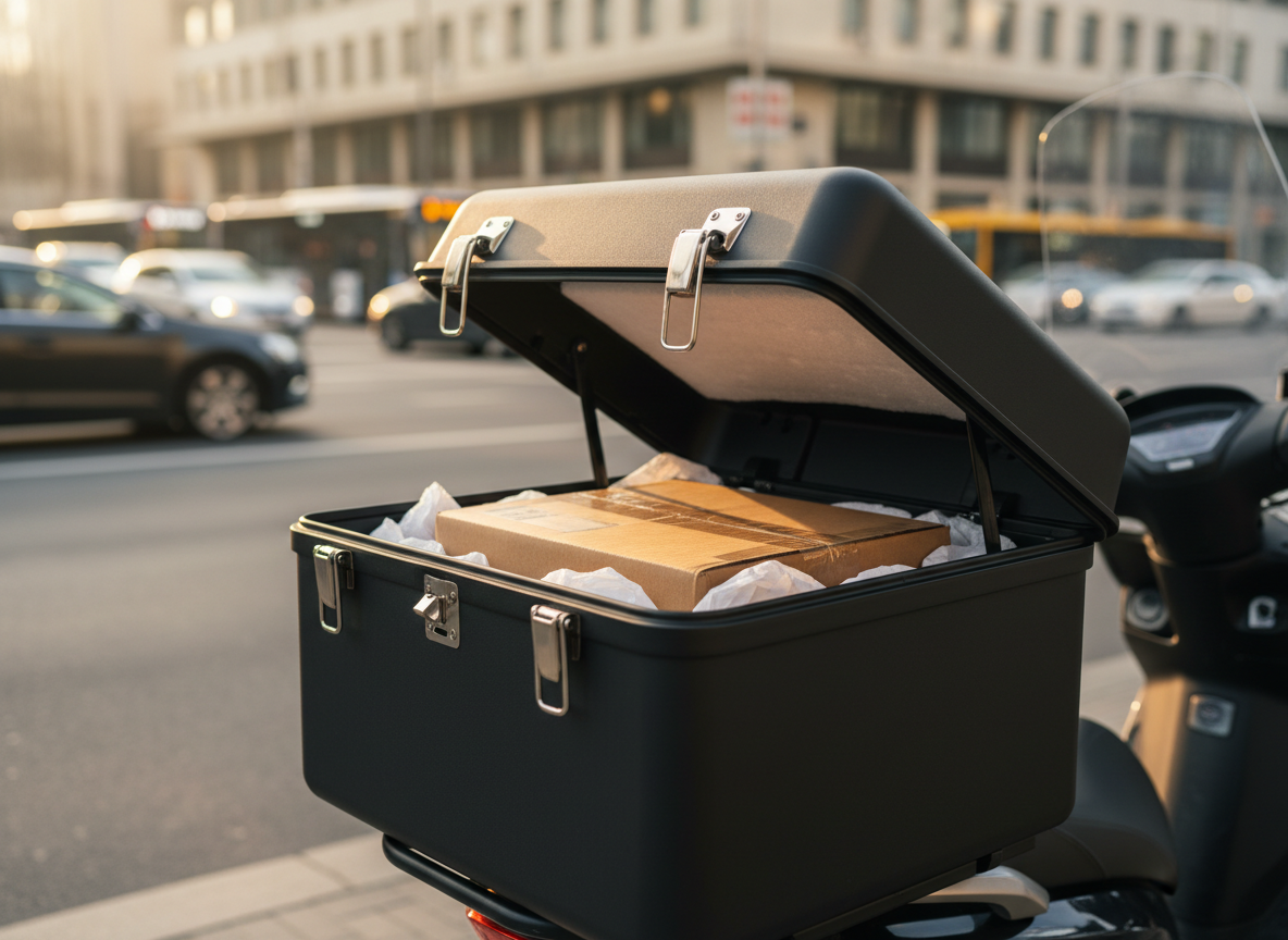 A close-up, photographic-realistic view of a sturdy, insulated delivery box securely mounted on the rear of a modern scooter, its surface matte black with subtle texture and high-quality metal latches. A sealed cardboard package is visible inside the open box, neatly positioned with protective padding. The scooter is parked near a curb, with blurred city traffic and neutral-toned buildings in the background, suggesting active urban logistics. Late-afternoon golden light creates soft highlights on the box edges and gentle shadows within the interior. Shot from a slightly low, three-quarter angle with shallow depth of field, the image feels dynamic yet precise, perfect for illustrating the practical details of professional package delivery work.