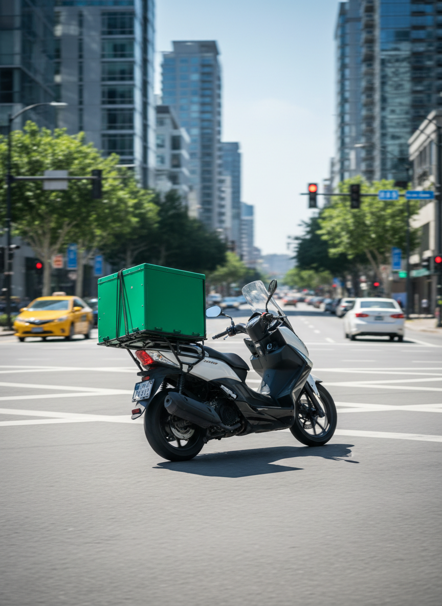 A dynamic street-level scene featuring a delivery motorcycle frozen in motion as it leans slightly into a turn on a wide, clean city avenue, its large green cargo box securely fastened and clearly visible. The rider is intentionally absent, focusing on the vehicle and its equipment. Surrounding architecture includes modern apartment blocks, street trees, and subtle traffic lights, all rendered with light motion blur to emphasize speed. Bright midday sunlight creates crisp, short shadows under the bike and vivid reflections on the polished bodywork. Captured in photographic realism from a low angle near the ground, the composition communicates urgency, efficiency, and the fast-paced nature of motokurye work without feeling chaotic.