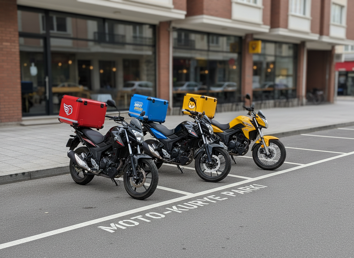 An organized row of three different delivery motorcycles, each with distinct, brightly colored cargo boxes in red, blue, and yellow, lined up in a dedicated motor courier parking zone beside a well-marked urban street. The asphalt is clean, road markings are crisp, and low-rise commercial buildings with large glass storefronts form a softly blurred background. Captured in sharp photographic realism under diffused overcast daylight, the lighting minimizes harsh shadows and emphasizes the bikes’ details, from tire treads to reflective safety strips. Shot from a slightly elevated angle to showcase the lineup, the composition feels structured and professional, evoking reliability, fleet management, and variety of motokurye opportunities.