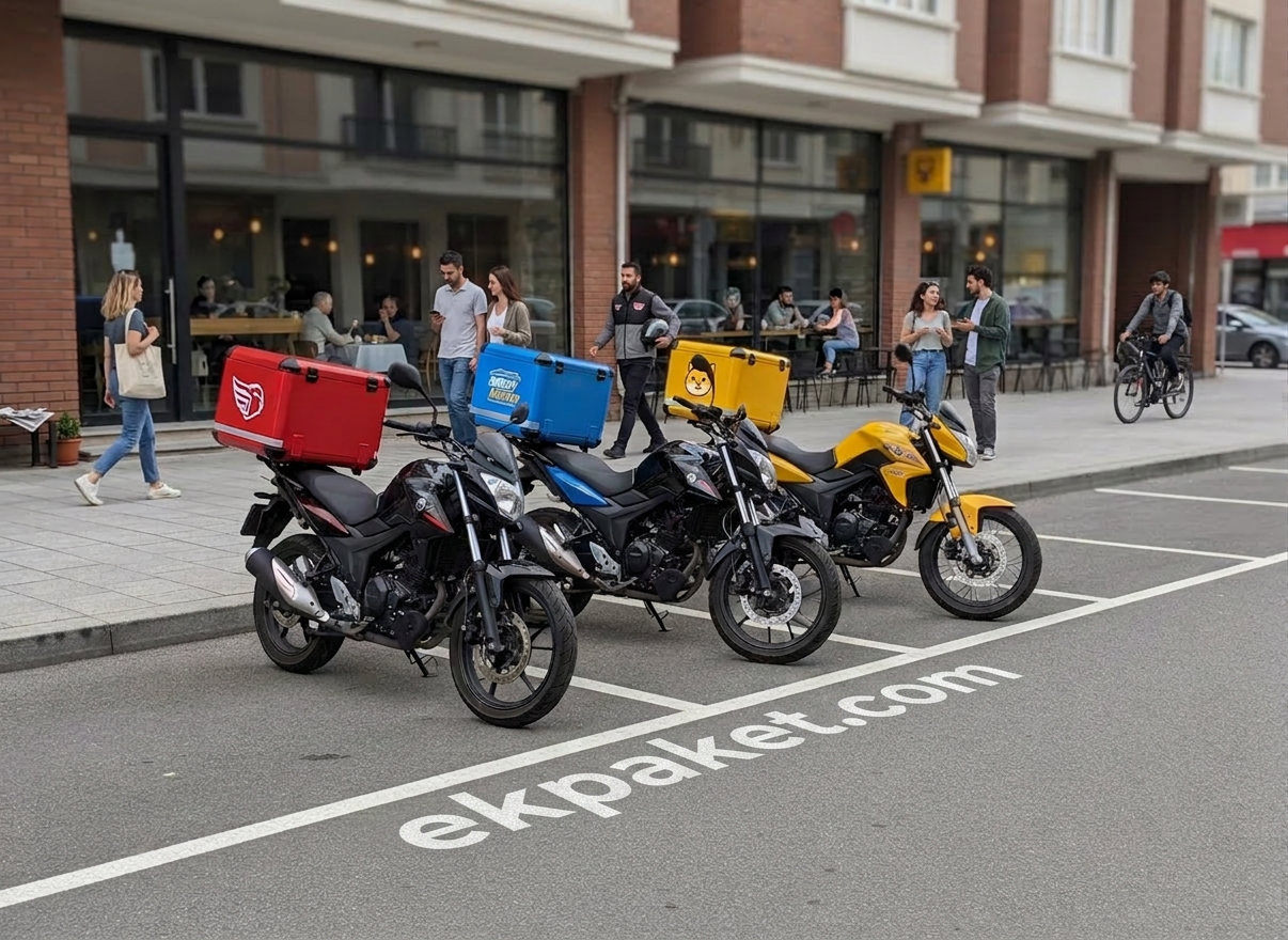 motokurye ilanları An organized row of three different delivery motorcycles, each with distinct, brightly colored cargo boxes in red, blue, and yellow, lined up in a dedicated motor courier parking zone beside a well-marked urban street. The asphalt is clean, road markings are crisp, and low-rise commercial buildings with large glass storefronts form a softly blurred background. Captured in sharp photographic realism under diffused overcast daylight, the lighting minimizes harsh shadows and emphasizes the bikes’ details, from tire treads to reflective safety strips. Shot from a slightly elevated angle to showcase the lineup, the composition feels structured and professional, evoking reliability, fleet management, and variety of motokurye opportunities.
